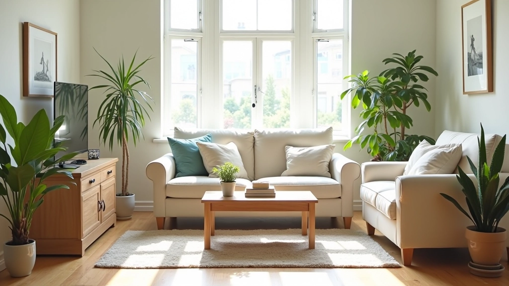 Sustainable home décor display with upcycled furniture and vintage pieces in bright living room
