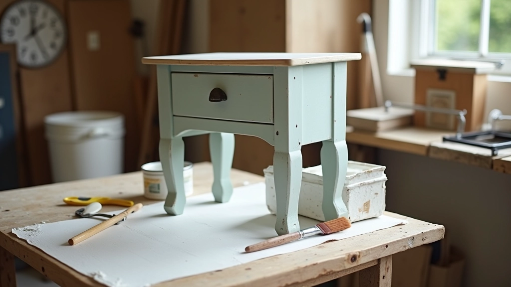 Vintage wooden chair being restored with chalk paint in a bright workshop space